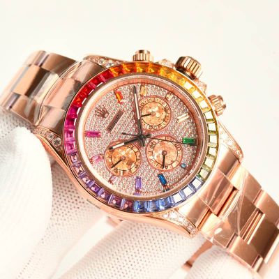 ROLEX Daytona Gold Diamonds Replica Cosmo Daytona  4130 Movement Rose Gold with Baguettes